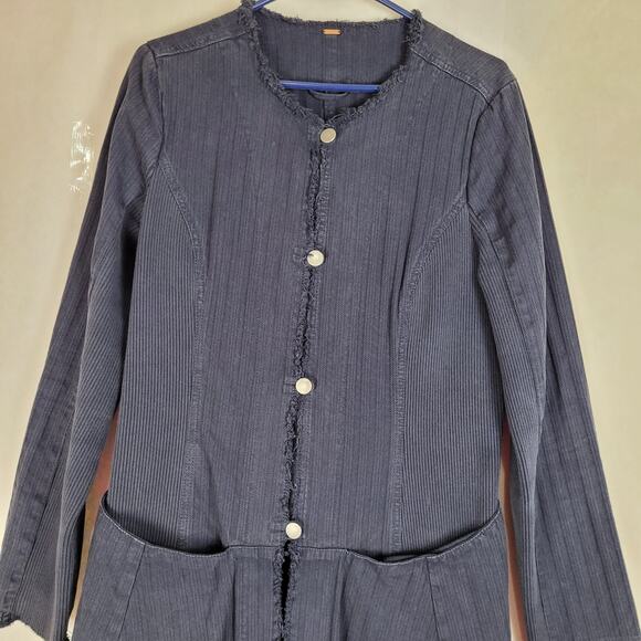 Free People blue denim flared raw hem ribbed duster jacket size M hippie grunge - Picture 5 of 10